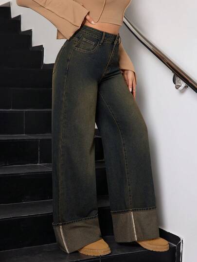SHEIN Tall جينز نسائي كاجوال مغسول بتصميم فينتاج أنيق مع حافة مطوية وساق واسعة