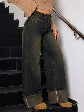 SHEIN Tall جينز نسائي كاجوال مغسول بتصميم فينتاج أنيق مع حافة مطوية وساق واسعة