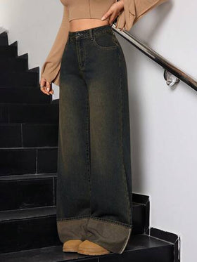 SHEIN Tall جينز نسائي كاجوال مغسول بتصميم فينتاج أنيق مع حافة مطوية وساق واسعة