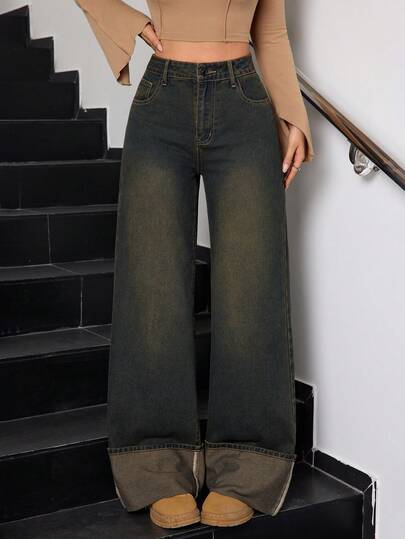 SHEIN Tall جينز نسائي كاجوال مغسول بتصميم فينتاج أنيق مع حافة مطوية وساق واسعة