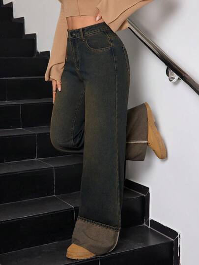 SHEIN Tall جينز نسائي كاجوال مغسول بتصميم فينتاج أنيق مع حافة مطوية وساق واسعة