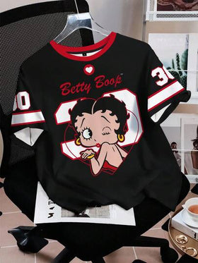 Betty Boop x SHEIN تي شيرت نسائي كاجوال بطبعة كرتونية ملونة بياقة دائرية وأكمام قصيرة، صيفي