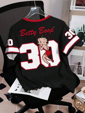 Betty Boop x SHEIN تي شيرت نسائي كاجوال بطبعة كرتونية ملونة بياقة دائرية وأكمام قصيرة، صيفي