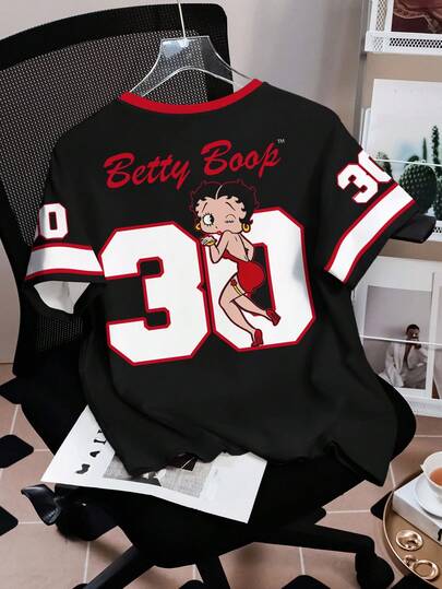 Betty Boop x SHEIN تي شيرت نسائي كاجوال بطبعة كرتونية ملونة بياقة دائرية وأكمام قصيرة، صيفي