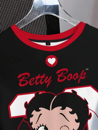 Betty Boop x SHEIN تي شيرت نسائي كاجوال بطبعة كرتونية ملونة بياقة دائرية وأكمام قصيرة، صيفي