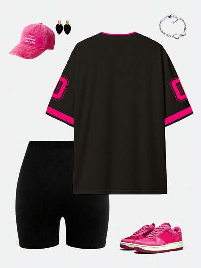 SHEIN طقم تي شيرت وشورت دراجة نسائي كاجوال مطبوع برقم 13 وشعار إبداعي
