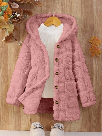 Elladie kids معطف كاجوال بغطاء رأس أكمام طويلة لون أحادي بسيط للفتيات الصغيرات