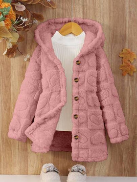 Elladie kids معطف كاجوال بغطاء رأس أكمام طويلة لون أحادي بسيط للفتيات الصغيرات