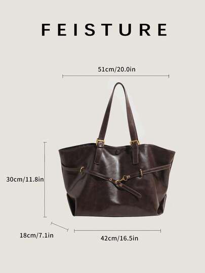 حقيبة كبيرة السعة شائعة الاستخدام، مصنوعة من مادة البولي يوريثان مع زخرفة الحزام، حقيبة كتف كبيرة الحجم، مغلقة بشريط مغناطيسي، مناسبة للخروجات اليومية والمواعيد والتنقل