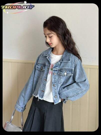 SHEIN معطف جينز للفتيات، تصميم مشدود مشعر مناسب للارتداء في الشارع، غسيل فاتح بتصميم قصير متعدد الاستخدامات، وصول جديد