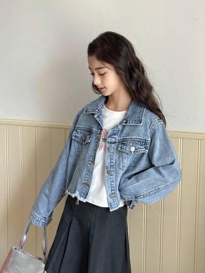 SHEIN معطف جينز للفتيات، تصميم مشدود مشعر مناسب للارتداء في الشارع، غسيل فاتح بتصميم قصير متعدد الاستخدامات، وصول جديد
