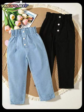 SHEIN مجموعة من 2 بنطال جينز مقلوب للفتيات الصغيرات، فضفاض وبخصر مكشكش، متعدد الاستخدامات للمدرسة والخارج والشارع والحفلات والاستخدام اليومي والعطلات والتنقل، مناسب للخريف والشتاء