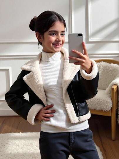 SHEIN معطف/جاكيت قصيرة أكمام طويلة من الفرو الصناعي مبطنة بالفليس مع طوق دراجة نارية وسحاب معدني، طراز شارع عصري للفتيات المراهقات، باللون الأسود للخريف/الشتاء