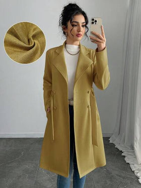 SHEIN PETITE جاكيت نسائية أنيقة بلون أحادي من الجلد المدبوغ المزيف متوسطة الطول