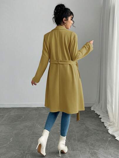 SHEIN PETITE جاكيت نسائية أنيقة بلون أحادي من الجلد المدبوغ المزيف متوسطة الطول