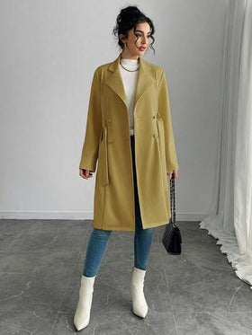 SHEIN PETITE جاكيت نسائية أنيقة بلون أحادي من الجلد المدبوغ المزيف متوسطة الطول