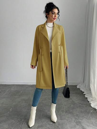 SHEIN PETITE جاكيت نسائية أنيقة بلون أحادي من الجلد المدبوغ المزيف متوسطة الطول