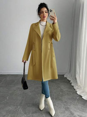 SHEIN PETITE جاكيت نسائية أنيقة بلون أحادي من الجلد المدبوغ المزيف متوسطة الطول