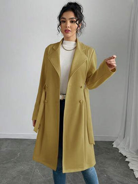 SHEIN PETITE جاكيت نسائية أنيقة بلون أحادي من الجلد المدبوغ المزيف متوسطة الطول