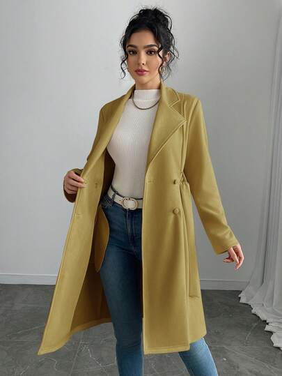 SHEIN PETITE جاكيت نسائية أنيقة بلون أحادي من الجلد المدبوغ المزيف متوسطة الطول