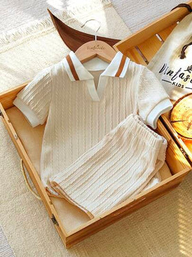 SHEIN Vintaside Kids طقم صيفي للأطفال الصبيان، لون المشمش الصلب، ملابس علوية بياقة بولو وأكمام قصيرة مع شورت مطابق، طراز بسيط بدون نقشات، فضفاض، مناسب للخروجات والمنزل اليومي والرياضة الخفيفة