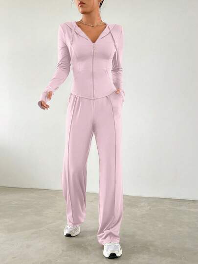 SHEIN EZwear مجموعة رياضية عرضية مريحة مؤلفة من: قميص ذو غطاء رأس ضيق وبنطلون مستقيم