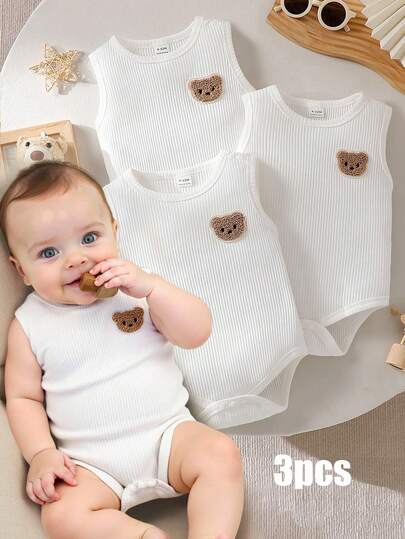 SHEIN Vintaside Kids 3 قطع/مجموعة بدلة طفل حديث الولادة ذكر كاجوال جميلة مزينة بالدب الأبيض، مناسبة للارتداء اليومي، صيف