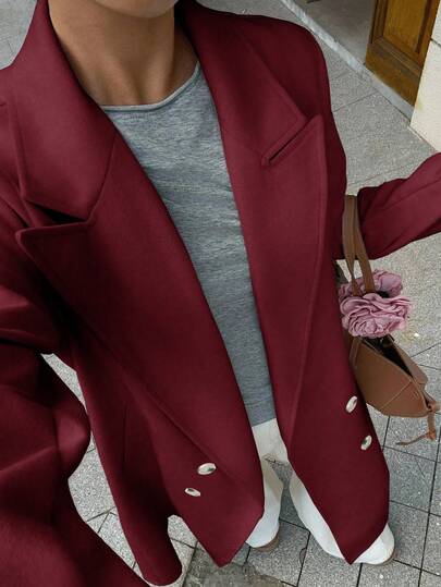SHEIN Unity معطف صوفي بيج، أنيق على الطراز البريطاني الأوروبي والأمريكي الراقي، تصميم كوري عصري، جاكيت صوفي طويل للنساء للخريف/الشتاء