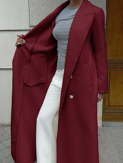 SHEIN Unity معطف صوفي بيج، أنيق على الطراز البريطاني الأوروبي والأمريكي الراقي، تصميم كوري عصري، جاكيت صوفي طويل للنساء للخريف/الشتاء