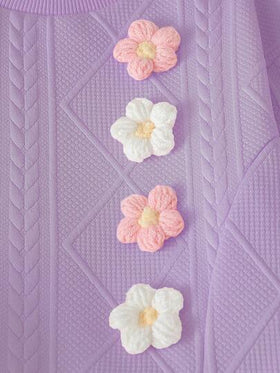 SHEIN Playful Pals مجموعة ملابس علوية وبنطلون مضفر بنفسجي لطيف للفتيات الصغيرات، مزين بزخارف زهرية ثلاثية الأبعاد، مناسب للارتداء اليومي والخارجي، خريف/شتاء، قطعتان