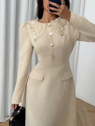 Modelyn رمضان فستان أنيق بأكمام طويلة وياقة من التويد المشمش، مزين بأزرار وجيوب وخصر على شكل حرف A