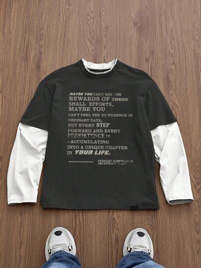 Manfinity Unisex قميص تي شيرت كاجوال طويل الأكمام مطبوع عليه نص إنجليزي للجيل الأصغر، قطعة ملائمة للصيف والمدرسة والخريف، للأزواج