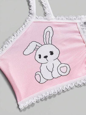 ROMWE Kawaii طقم ملابس داخلية مزين بأرنب وقلب بتصميم متباين