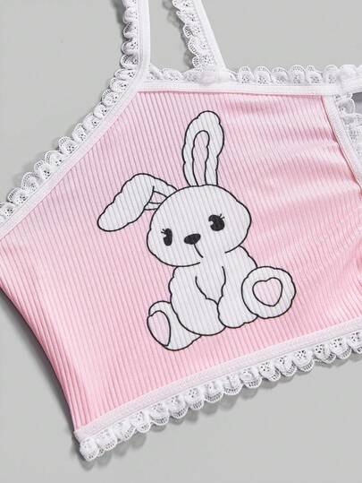 ROMWE Kawaii طقم ملابس داخلية مزين بأرنب وقلب بتصميم متباين