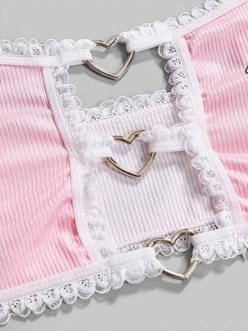 ROMWE Kawaii طقم ملابس داخلية مزين بأرنب وقلب بتصميم متباين