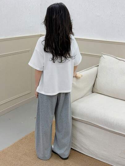 Dazy Kids مجموعة من قميص كريو ذو أكمام قصيرة مطبوع + بنطلون رياضي واسع الساق للفتيات المراهقات، للربيع/الصيف رمضان