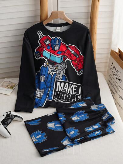 Transformers X SHEIN طقم بيجاما كاجوال مكون من ملابس علوية بياقة مستديرة وأكمام طويلة وبطبعة روبوت وبنطلون ، مناسب للمراهقين، قطعتان/مجموعة