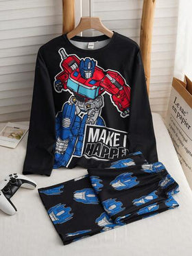 Transformers X SHEIN طقم بيجاما كاجوال مكون من ملابس علوية بياقة مستديرة وأكمام طويلة وبطبعة روبوت وبنطلون ، مناسب للمراهقين، قطعتان/مجموعة
