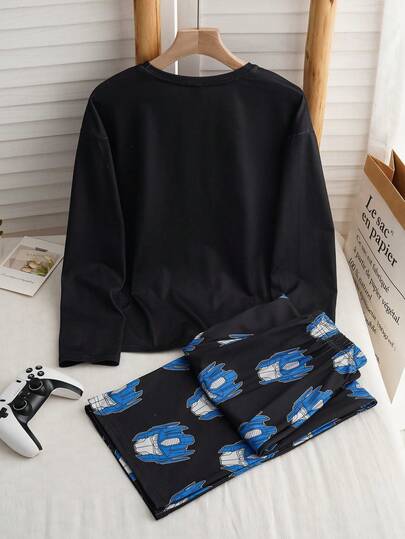 Transformers X SHEIN طقم بيجاما كاجوال مكون من ملابس علوية بياقة مستديرة وأكمام طويلة وبطبعة روبوت وبنطلون ، مناسب للمراهقين، قطعتان/مجموعة