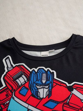 Transformers X SHEIN طقم بيجاما كاجوال مكون من ملابس علوية بياقة مستديرة وأكمام طويلة وبطبعة روبوت وبنطلون ، مناسب للمراهقين، قطعتان/مجموعة