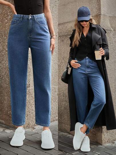 SHEIN ICON بناطيل جينز للأمهات متعددة الاستخدامات وعملية للنساء مع جيوب