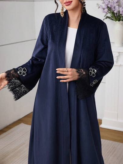 Al Najma رمضان عباءة فضفاضة مزينة بالراين ستون والدانتيل الفاخرة للنساء، خريف/شتاء