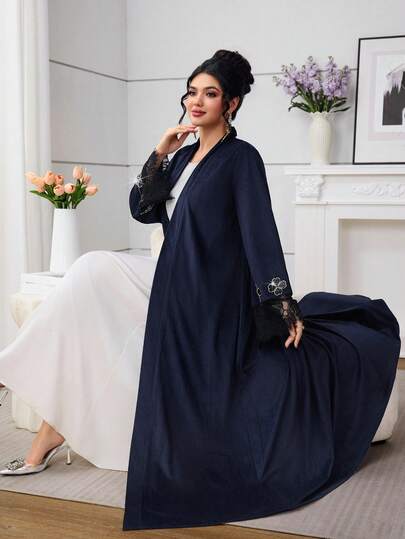Al Najma رمضان عباءة فضفاضة مزينة بالراين ستون والدانتيل الفاخرة للنساء، خريف/شتاء
