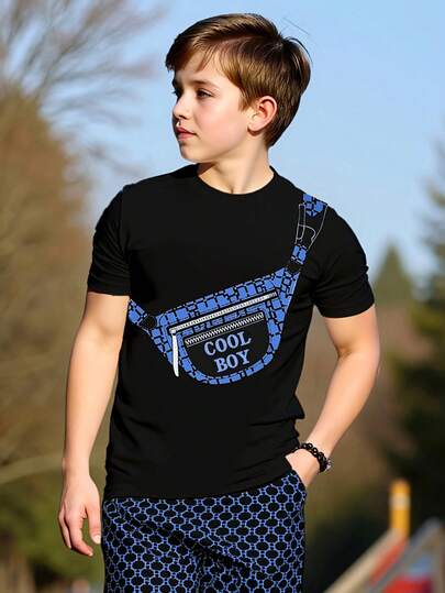 مجموعة قميص كم قصير وشورت للأولاد المراهقين 2 قطعة، قميص مطبوع بشعار "COOL BOY" وشورت مطبوع بأنماط، طقم كاجوال ومريح