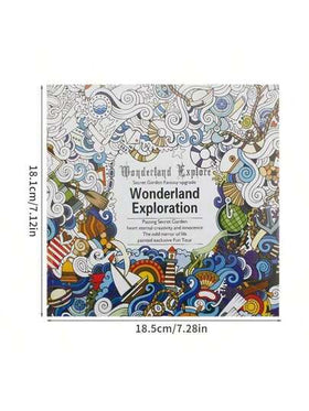 كتاب تلوين إصدار إنجليزي بعنوان "استكشاف عالم الخيال"، 24 صفحة بمقاس 18.5*18.5 سم، إصدار للكبار لتخفيف التوتر، مملكة الحيوان مرسوم باليد