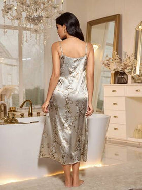 LuxeNights فستان نوم أنيق بطبعات زهرية على لون شمبانيا أبيض