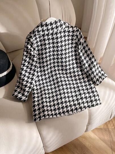 جاكيت بأكمام طويلة للفتيات الصغيرات بطبعة هندسية سوداء وبيضاء، كاجوال وملائمة للتنقل، تصميم ياقة منقلبة، مناسبة للخريف والشتاء