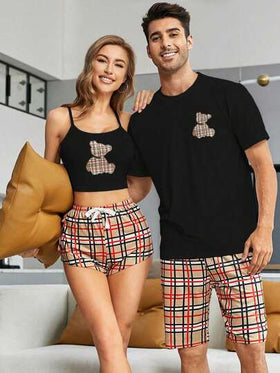 CoupledUp طقم بيجامة منقوشة الدب للرجال