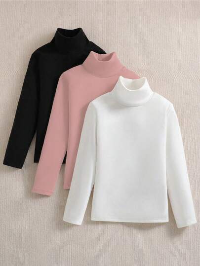 SHEIN Sparklyn 3 قطع/مجموعة قمصان تي شيرت كاجوال للفتيات المراهقات مطبوعة بصور القطط ذات ياقة عالية وأكمام طويلة مبطنة حرارياً