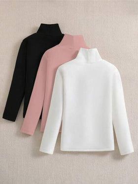 SHEIN Sparklyn 3 قطع/مجموعة قمصان تي شيرت كاجوال للفتيات المراهقات مطبوعة بصور القطط ذات ياقة عالية وأكمام طويلة مبطنة حرارياً